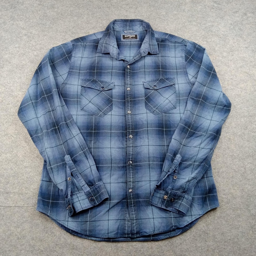 Express Shirt Mens Large Blue Plaid Button Front Long Sleeve Cotton Casual
